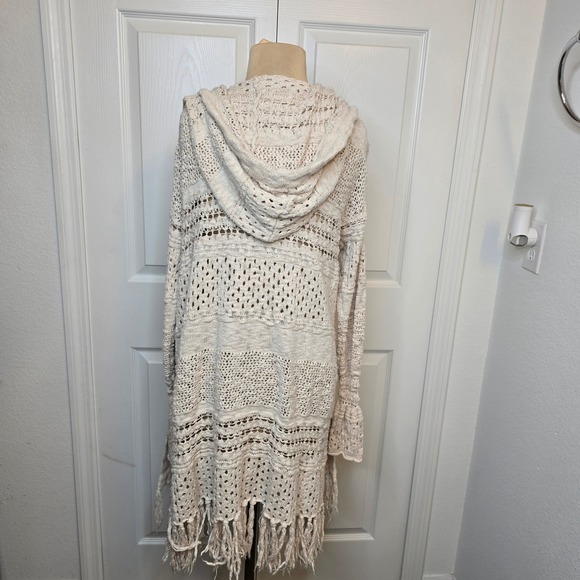 Cream Open Knit Hooded Cardigan Long Sleeve Fringe Trim cottagecore boho Y2K - Picture 3 of 6